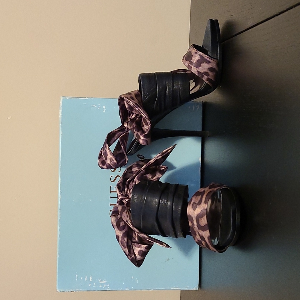 Guess by Marciano Black Leather High Heel Sandals with Pink Leopard Scarf